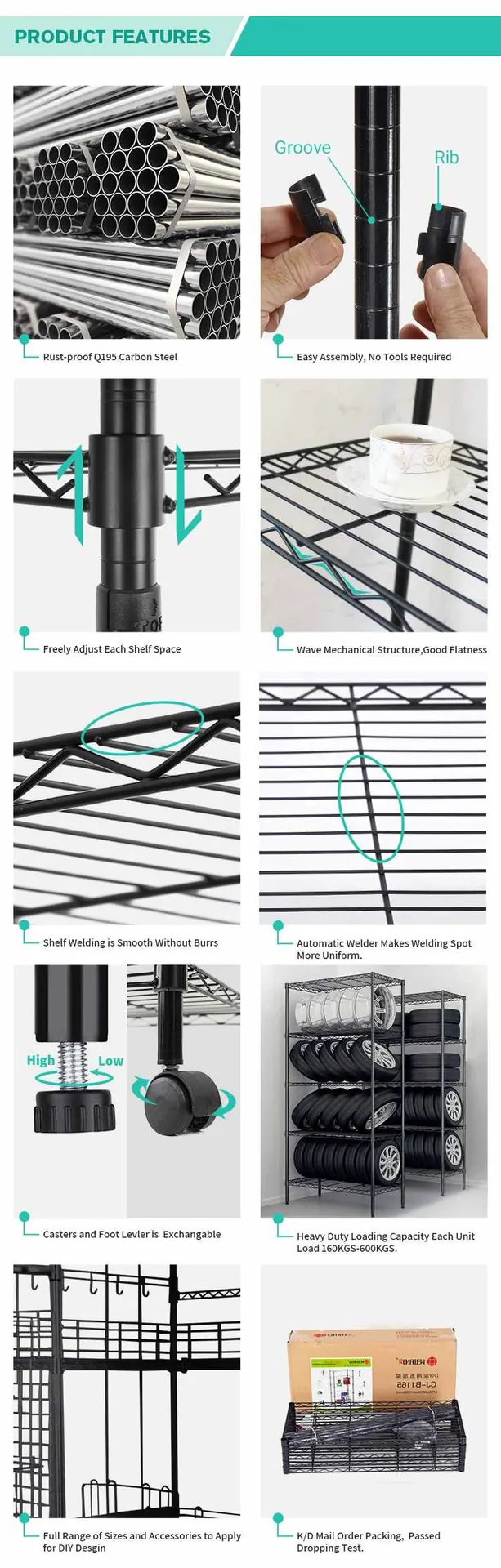 5 Tier Black Powder Coated 80kg Wire Shelving Rack for Home Storage Space Saver — product detail 9